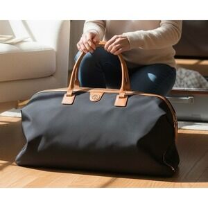 JEMMA Birdie Gym Bag Black Nylon Tan Leather Weekender Duffel Shoe Compartment